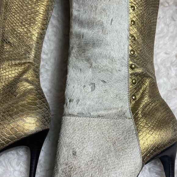 Leather Calf hair beige&gold snake skin pointed toe knee high heels boot… - Picture 13 of 14